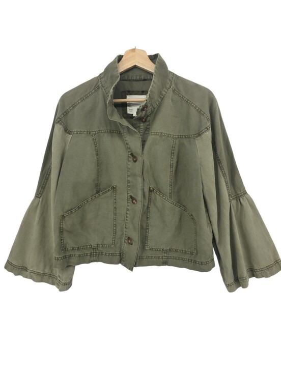 Anthropologie Jackets & Blazers - Anthropologie Olive Linen Blend Funnel Neck Utility Jacket Bell Sleeve Medium